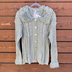 NWT Deirdre McGuire Ireland Hand Knit Fringe Collar Cardigan Sweater Sz L Sage
